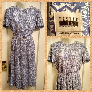 Vintage 90’s Leslie Fay Batik Print Midi Belted Dress